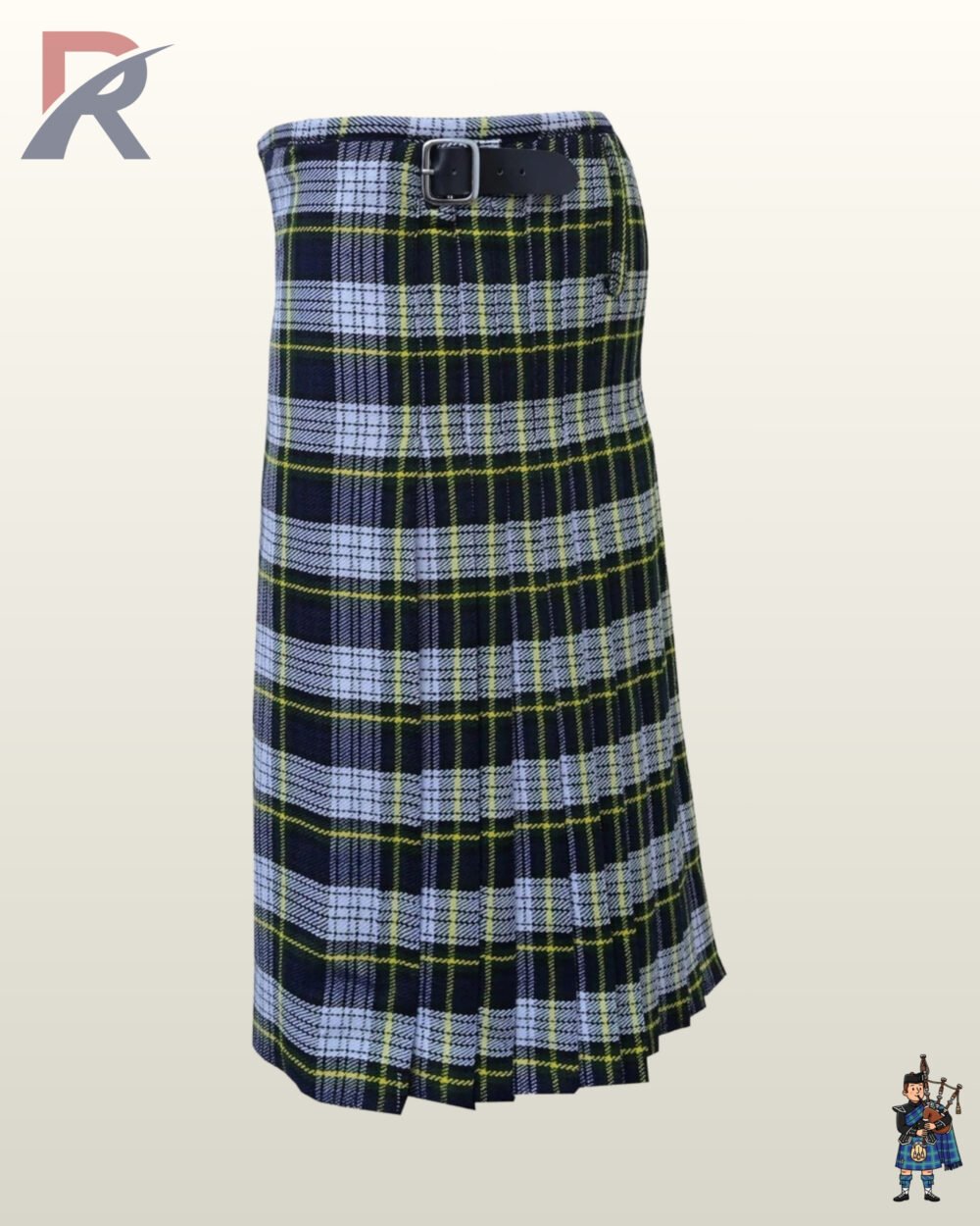 Side view of a men's traditional Grey Stewart tartan kilt with black leather waist straps.