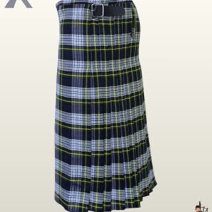 Side view of a men's traditional Grey Stewart tartan kilt with black leather waist straps.