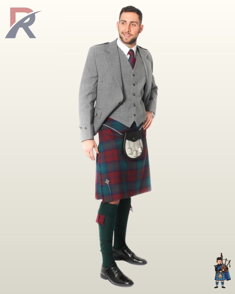 Angled full-length pose of a man wearing a light grey tweed Argyle kilt jacket, 5-button waistcoat, and traditional tartan kilt.
