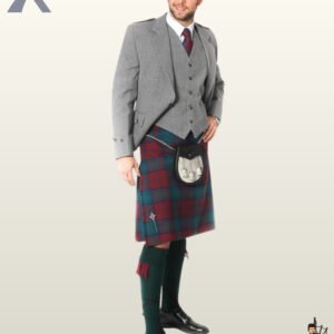 Angled full-length pose of a man wearing a light grey tweed Argyle kilt jacket, 5-button waistcoat, and traditional tartan kilt.