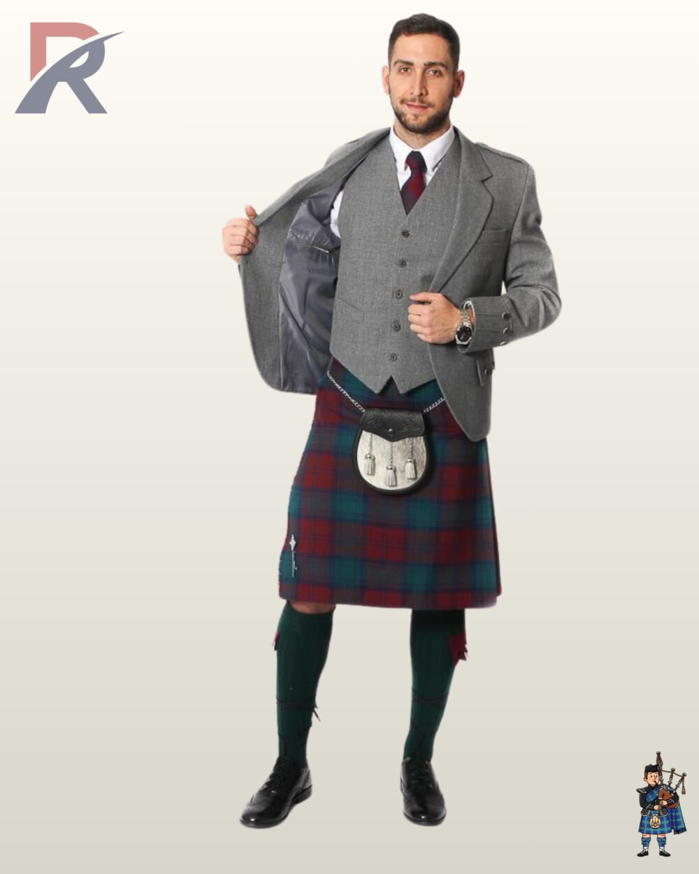 Front view of a man opening his light grey wool tweed Argyle kilt jacket to reveal the satin inner lining and matching 5-button waistcoat.