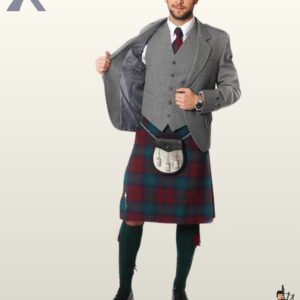 Front view of a man opening his light grey wool tweed Argyle kilt jacket to reveal the satin inner lining and matching 5-button waistcoat.
