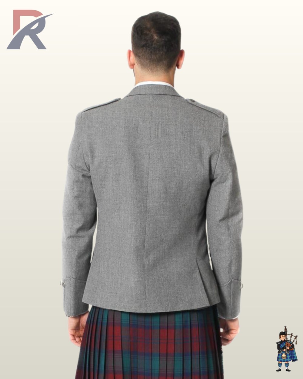 Rear view of a men's light grey wool tweed Argyle kilt jacket displaying shoulder epaulets and tailored back pleats.