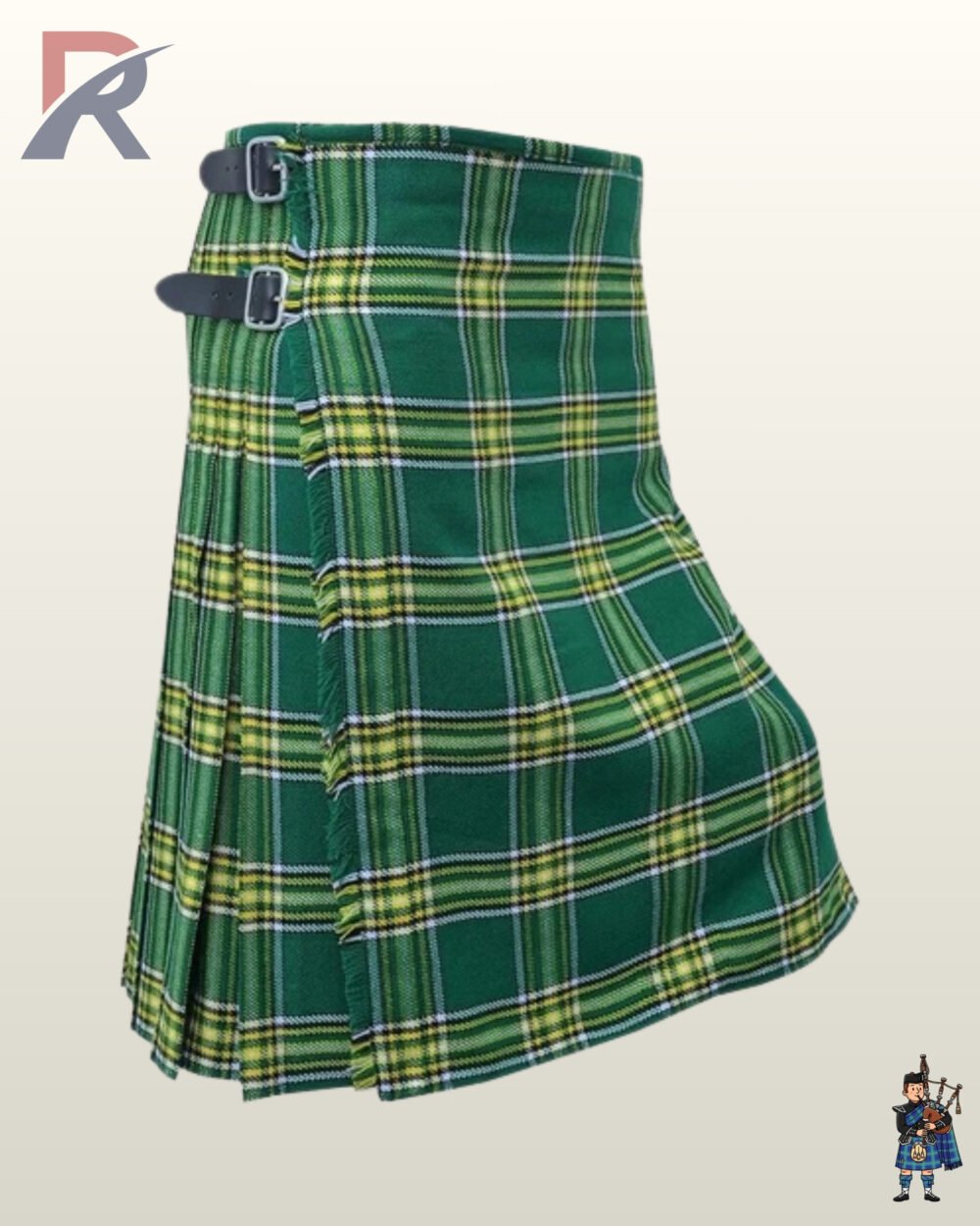 Traditional emerald green Irish National Scottish kilt featuring yellow overchecks and a fringed apron.