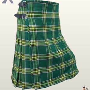 Traditional emerald green Irish National Scottish kilt featuring yellow overchecks and a fringed apron.
