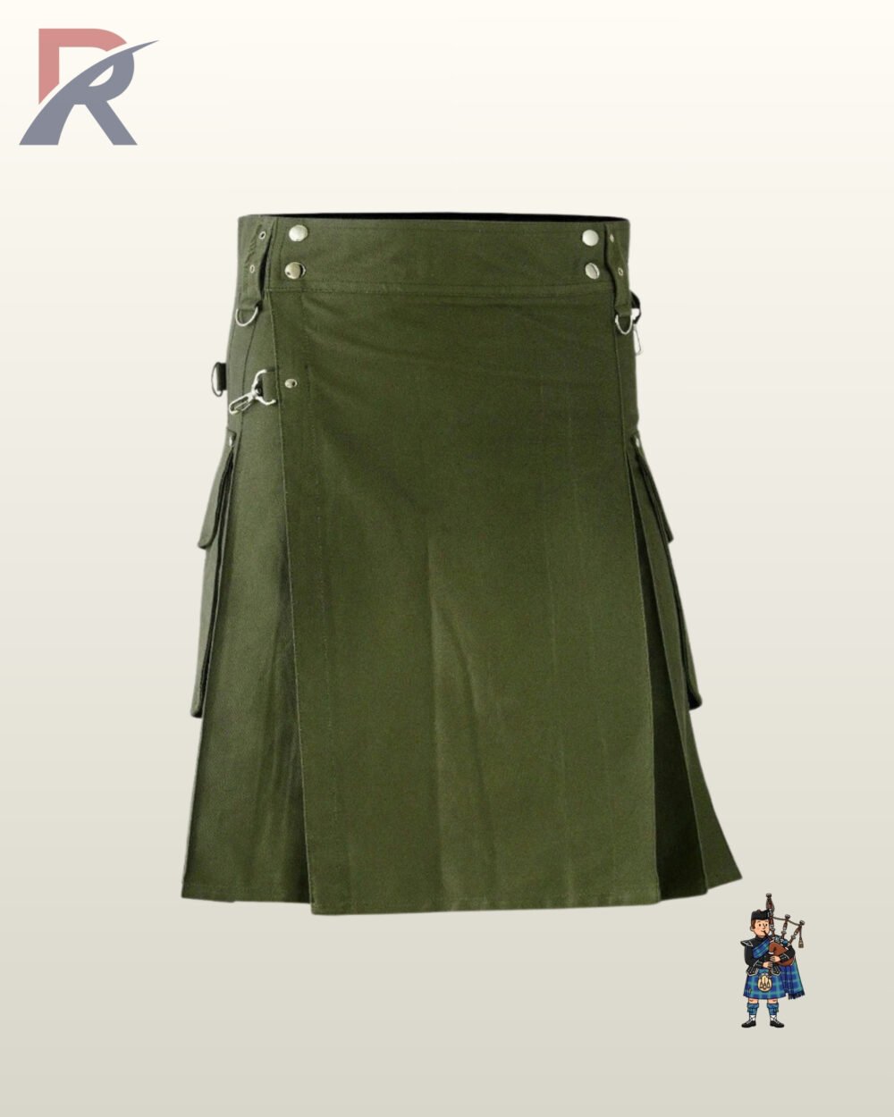 Heavy-duty military green canvas work kilt displaying front apron straps and spacious side pockets.
