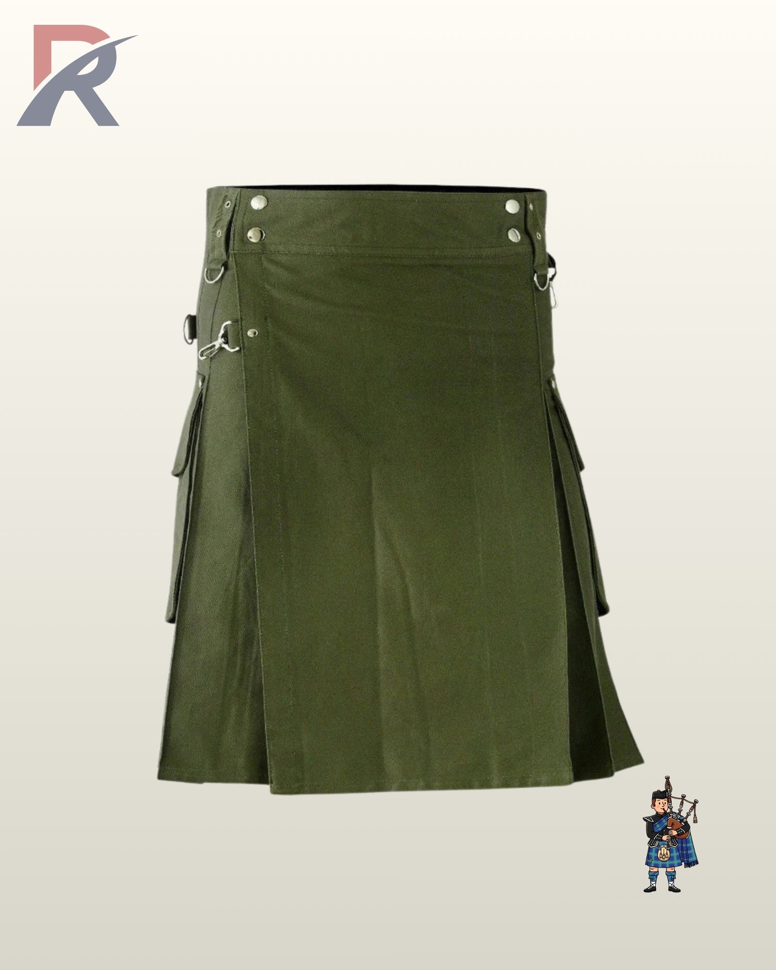 Heavy-duty military green canvas work kilt displaying front apron straps and spacious side pockets.