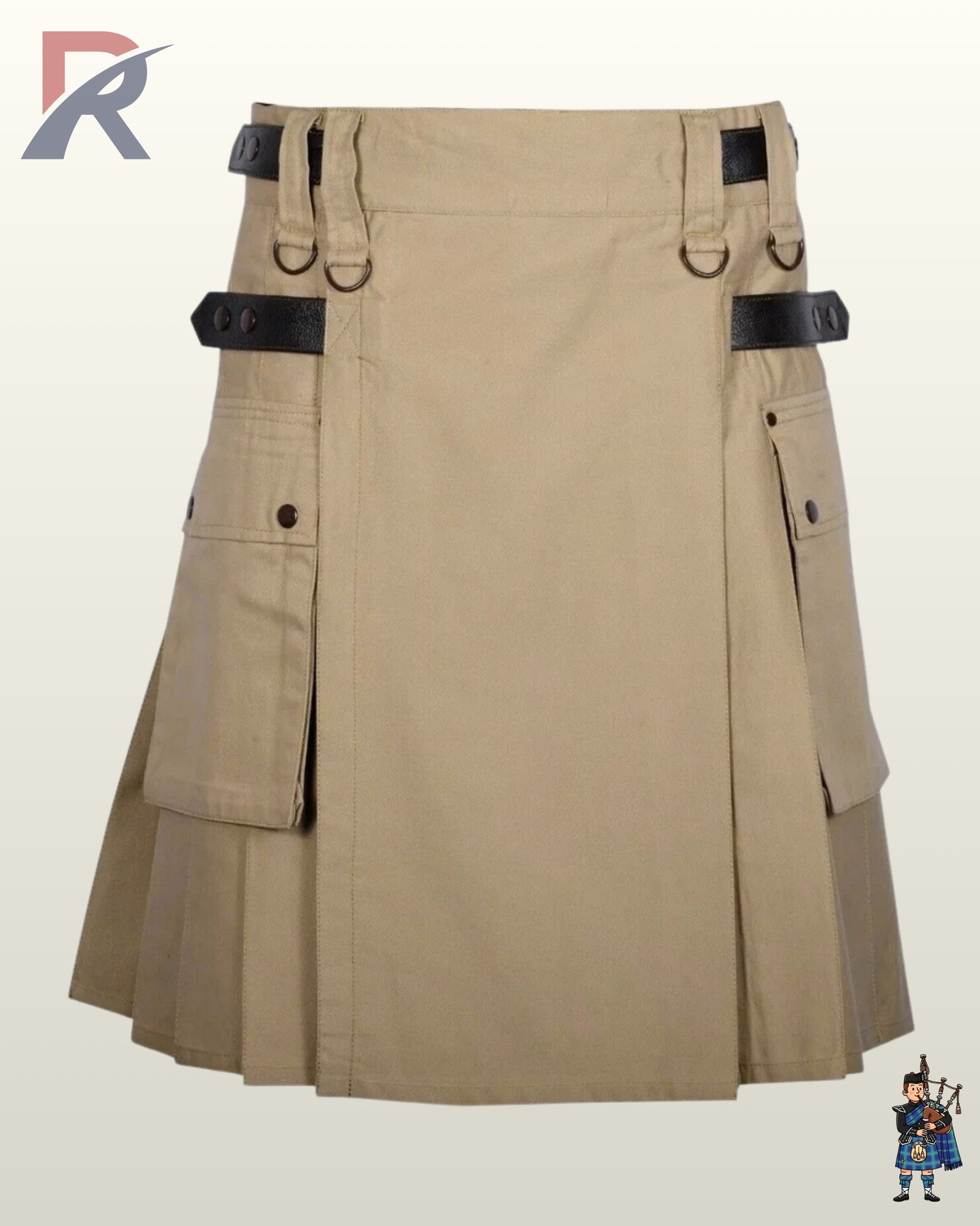 Front view of a men's khaki tan utility kilt featuring a smooth front apron and side cargo pockets.