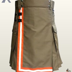 Heavy duty khaki canvas utility kilt designed for safety, showing side pocket flaps and high-visibility tape trim.