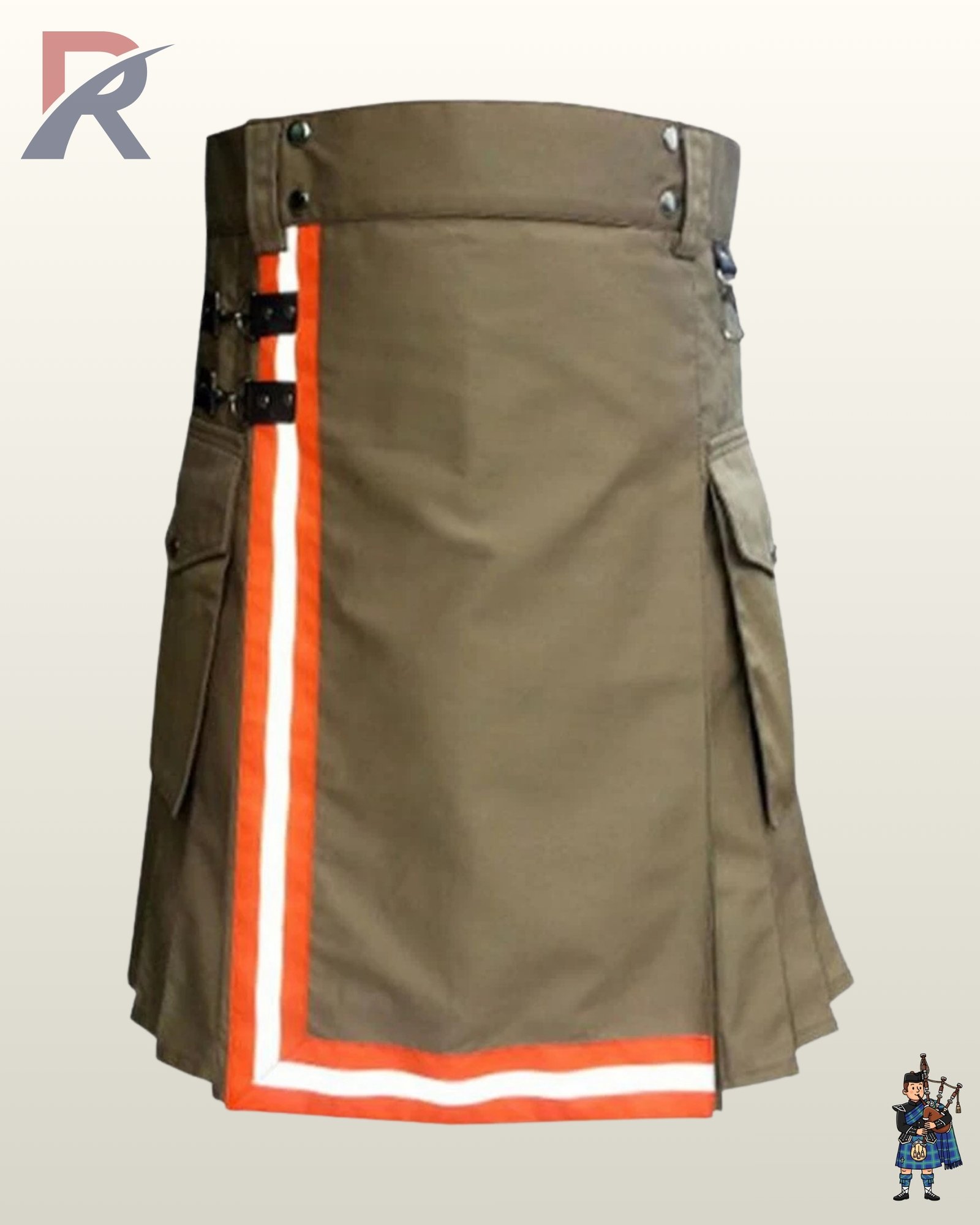 Heavy duty khaki canvas utility kilt designed for safety, showing side pocket flaps and high-visibility tape trim.