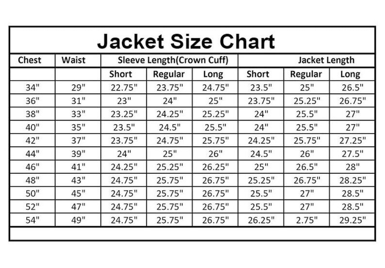 Detailed measurement size chart for men's kilt jackets showing chest, waist, sleeve length, and jacket length specifications.