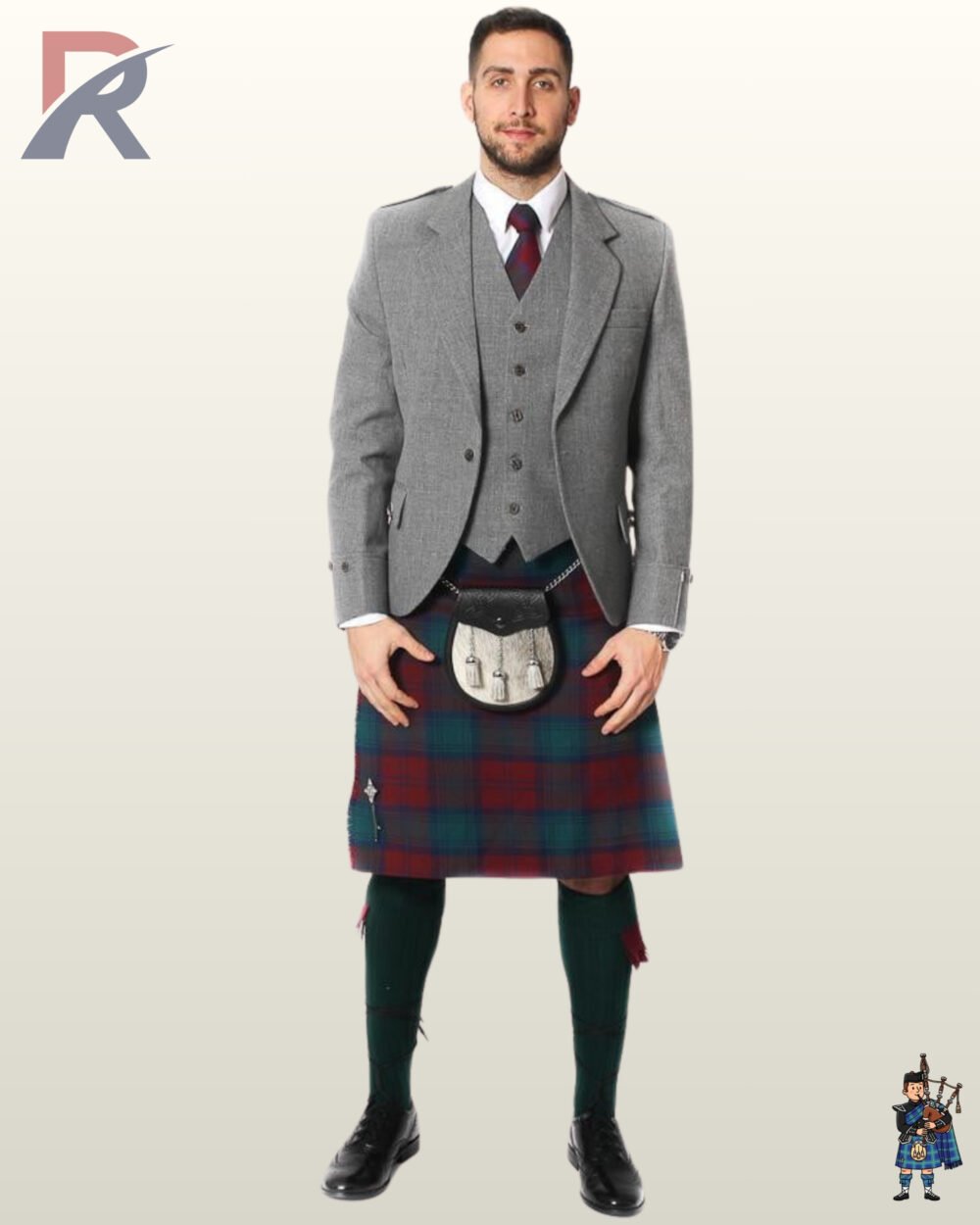 Full-length front view of a man wearing a complete light grey wool tweed Argyle kilt jacket and vest outfit set with a tartan kilt.