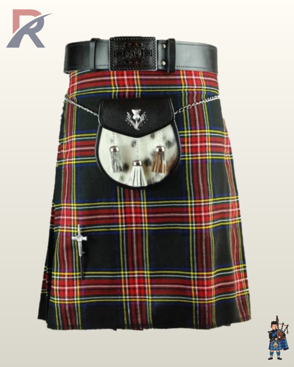 Men's red MacLeod tartan kilt outfit complete with a black leather belt and white bovine fur sporran with tassels.