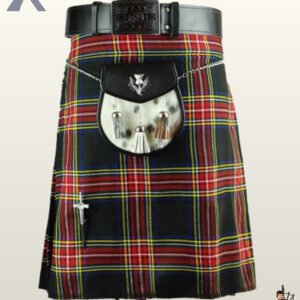 Men's red MacLeod tartan kilt outfit complete with a black leather belt and white bovine fur sporran with tassels.