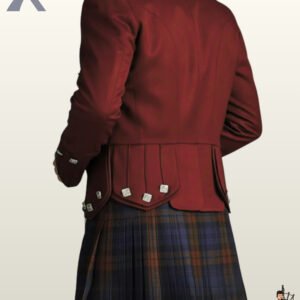 Rear view of a men's maroon burgundy wool Prince Charlie kilt jacket showing scalloped skirt tails decorated with square silver buttons.