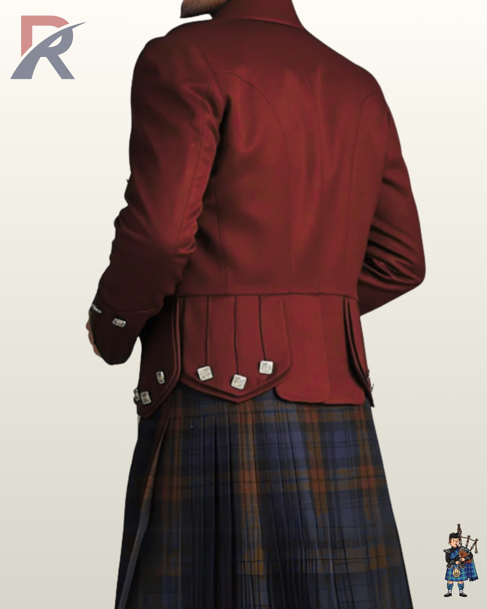 Rear view of a men's maroon burgundy wool Prince Charlie kilt jacket showing scalloped skirt tails decorated with square silver buttons.