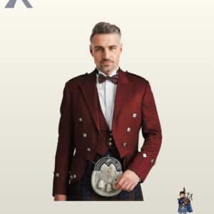 Men's burgundy red wool Prince Charlie highland jacket featuring silver square buttons, gauntlet sleeve cuffs, and a white fur sporran.