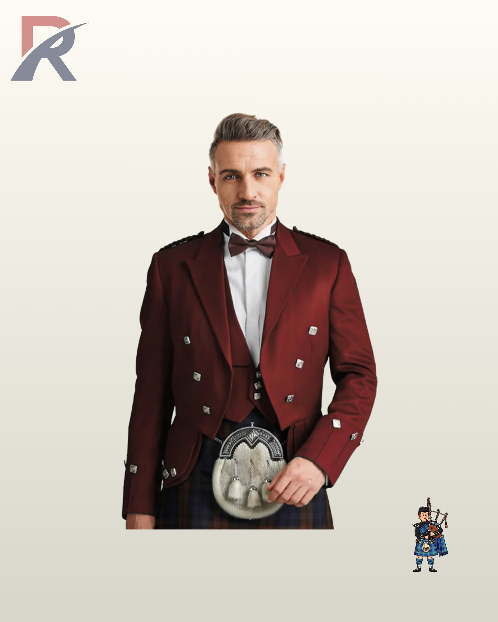 Men's burgundy red wool Prince Charlie highland jacket featuring silver square buttons, gauntlet sleeve cuffs, and a white fur sporran.