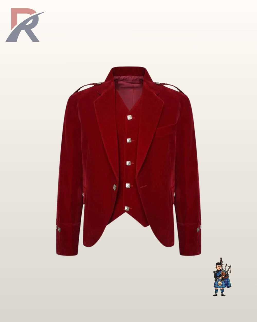 Traditional men's burgundy red velvet formal highland jacket set featuring braided epaulets and silver button detailing.