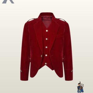Traditional men's burgundy red velvet formal highland jacket set featuring braided epaulets and silver button detailing.