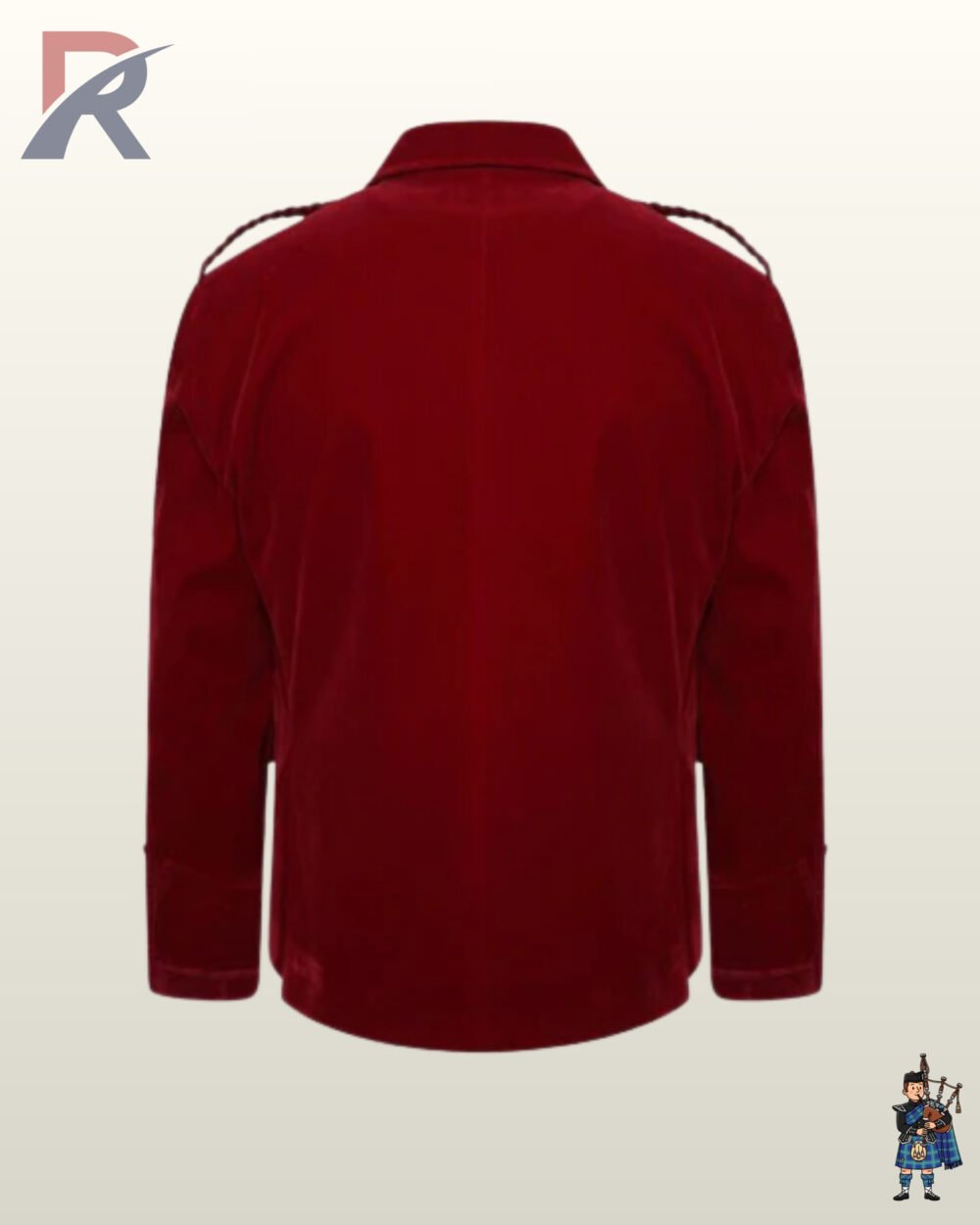 Rear view of a men's maroon red velvet Argyle kilt jacket showing braided shoulder epaulets and clean tailored seams.