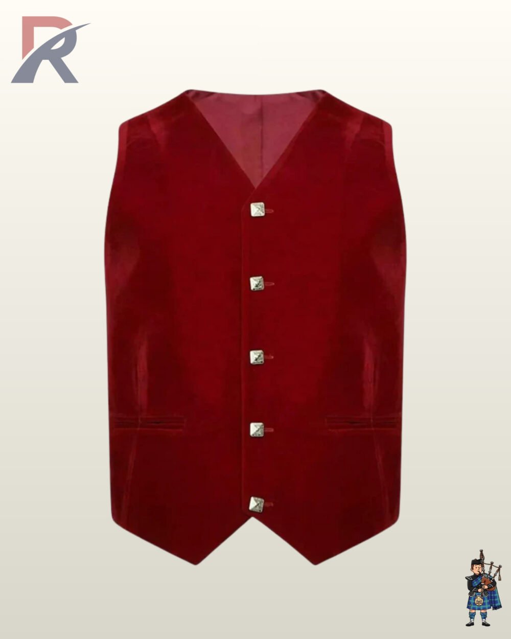 Front view of a men's maroon red velvet 5-button Argyle kilt waistcoat featuring square silver buttons and welt pockets.