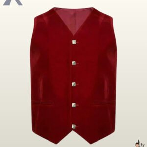 Front view of a men's maroon red velvet 5-button Argyle kilt waistcoat featuring square silver buttons and welt pockets.
