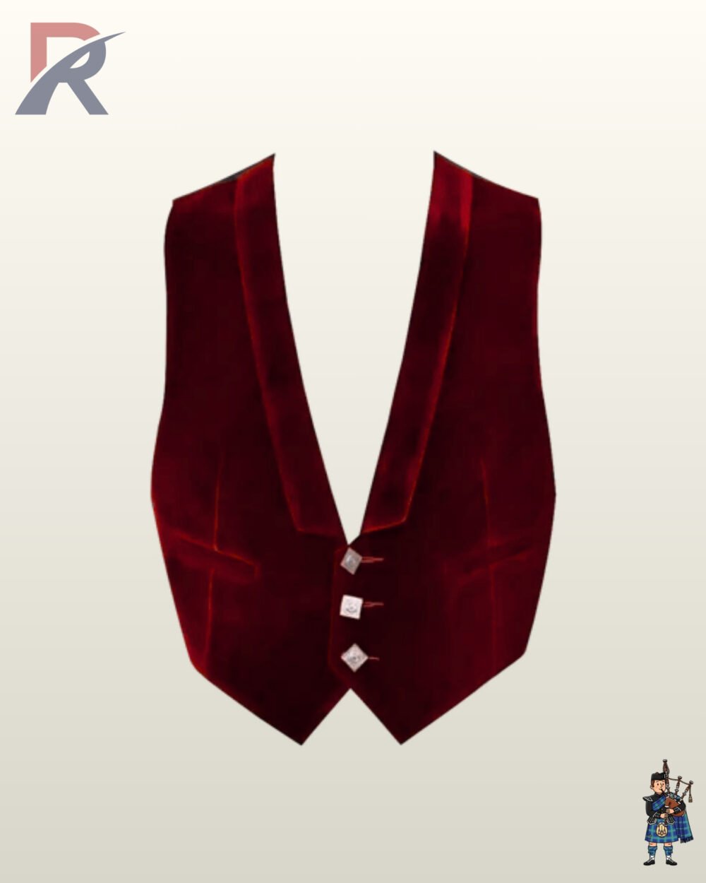 Front view of a men's maroon red velvet 3-button low-cut Prince Charlie kilt waistcoat featuring square silver buttons and a shawl lapel.