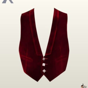 Front view of a men's maroon red velvet 3-button low-cut Prince Charlie kilt waistcoat featuring square silver buttons and a shawl lapel.