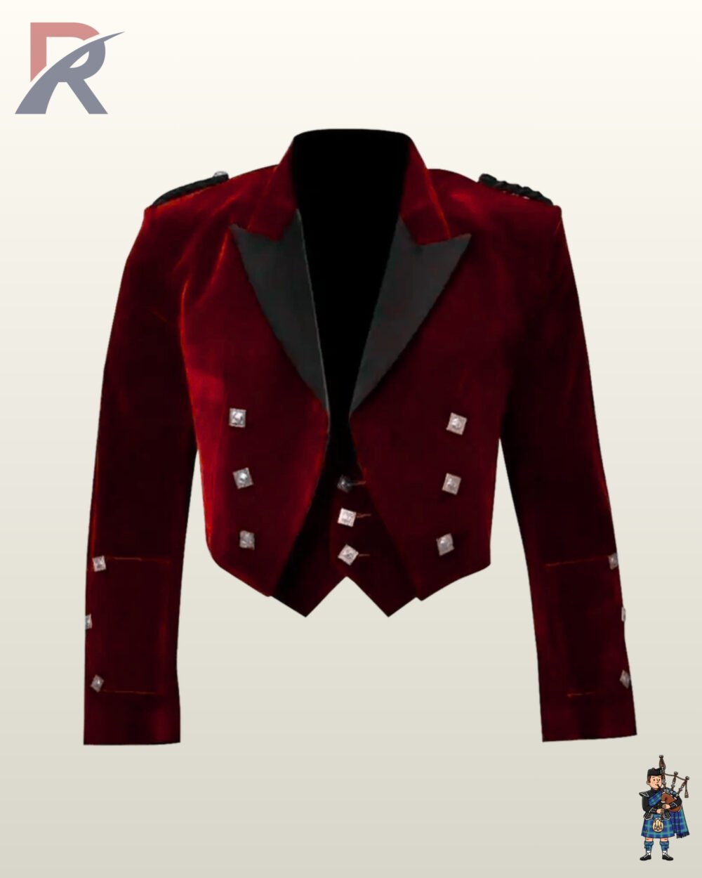 Front view of a men's maroon red velvet Prince Charlie kilt jacket and matching 3-button waistcoat with black satin lapels.