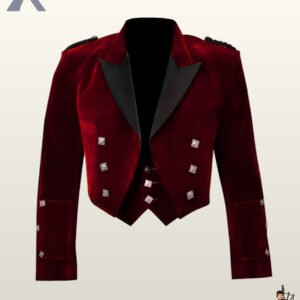 Front view of a men's maroon red velvet Prince Charlie kilt jacket and matching 3-button waistcoat with black satin lapels.