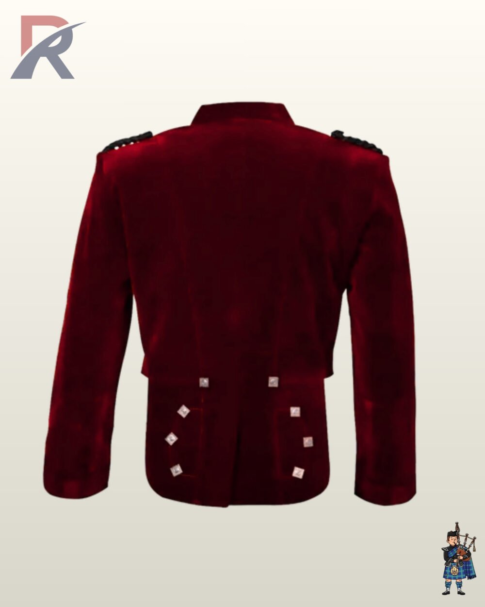 Back view of a men's maroon red velvet Prince Charlie kilt jacket with braided shoulder epaulets and silver diamond buttons on scalloped skirts.
