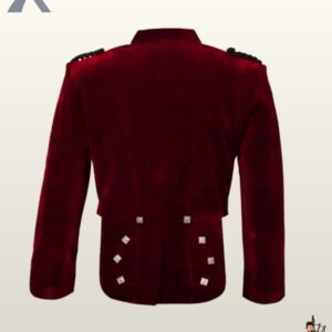 Back view of a men's maroon red velvet Prince Charlie kilt jacket with braided shoulder epaulets and silver diamond buttons on scalloped skirts.