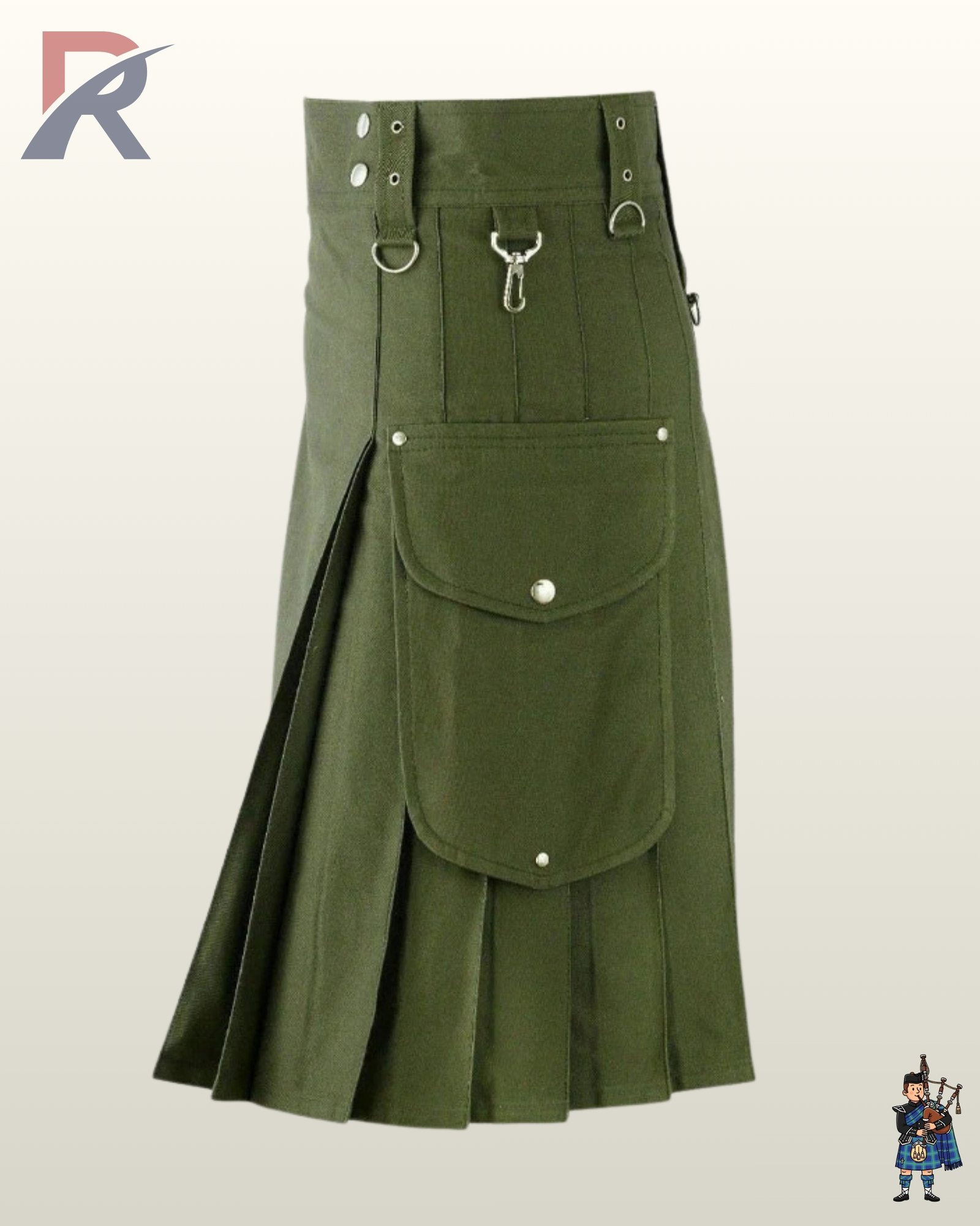 Men's olive green cotton tactical kilt styled with side cargo pockets, silver D-rings, and grommet details.