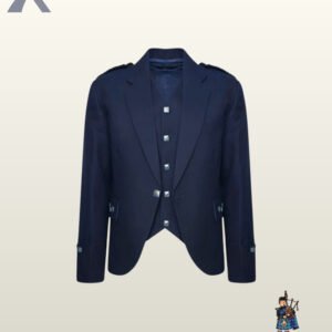 Formal men's navy blue Argyle highland jacket set featuring braided shoulder cords, gauntlet sleeve cuffs, and welt pockets.
