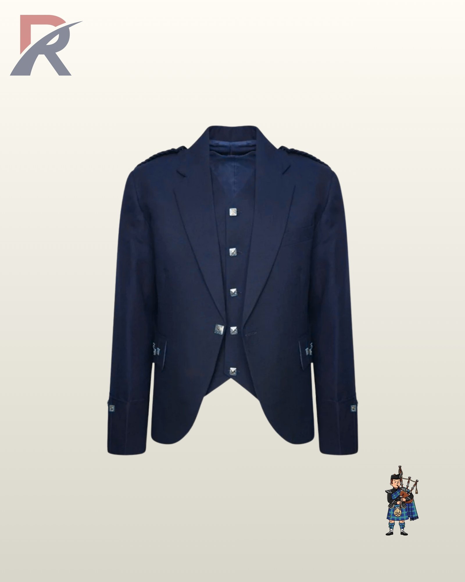 Formal men's navy blue Argyle highland jacket set featuring braided shoulder cords, gauntlet sleeve cuffs, and welt pockets.