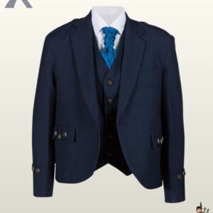 Traditional Scottish men's navy blue tweed kilt jacket featuring staghorn buttons, gauntlet cuffs, and scalloped pocket flaps.