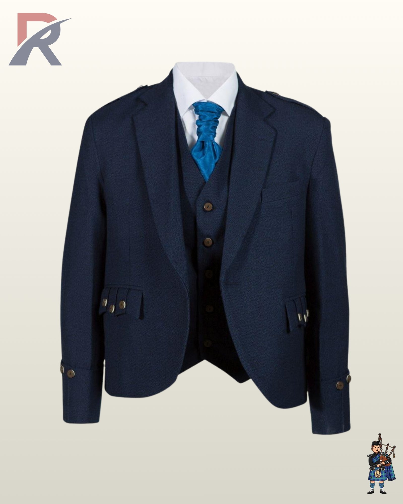 Traditional Scottish men's navy blue tweed kilt jacket featuring staghorn buttons, gauntlet cuffs, and scalloped pocket flaps.