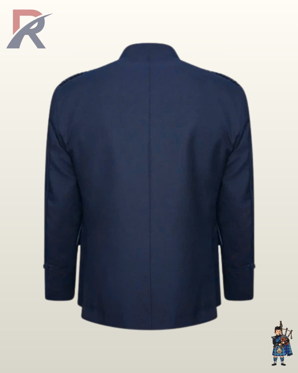 Rear view of a men's navy blue wool Argyle kilt jacket featuring structured shoulder epaulets and clean tailored seams.