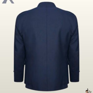 Rear view of a men's navy blue wool Argyle kilt jacket featuring structured shoulder epaulets and clean tailored seams.