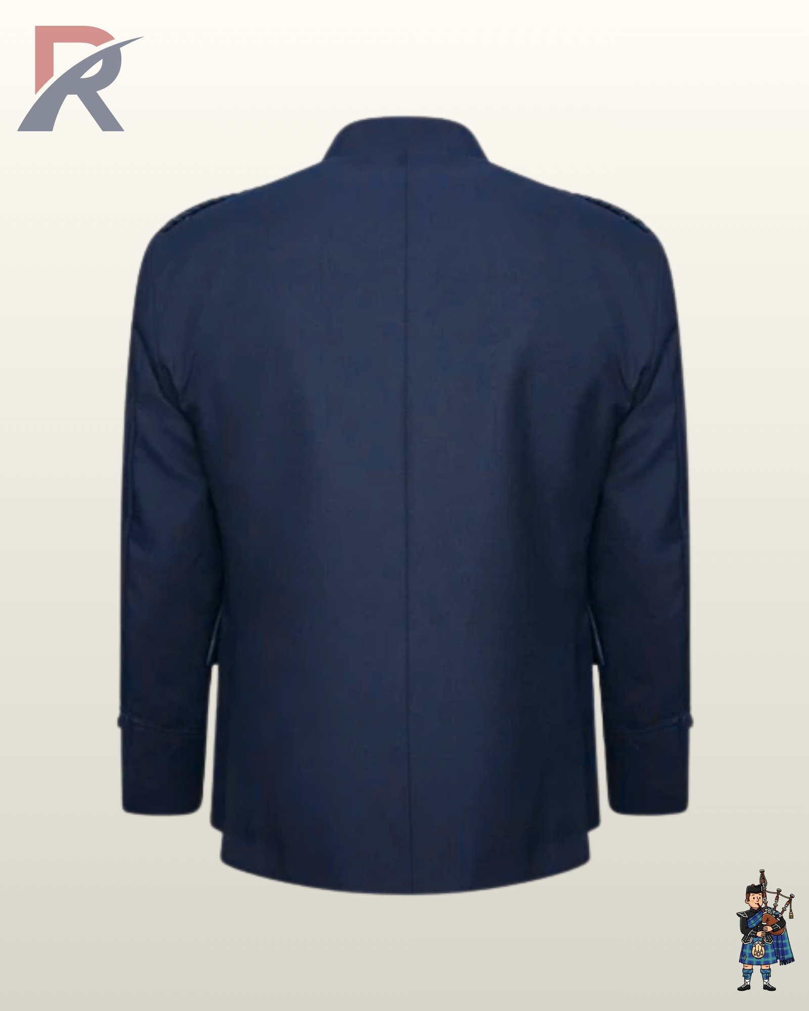 Rear view of a men's navy blue wool Argyle kilt jacket featuring structured shoulder epaulets and clean tailored seams.