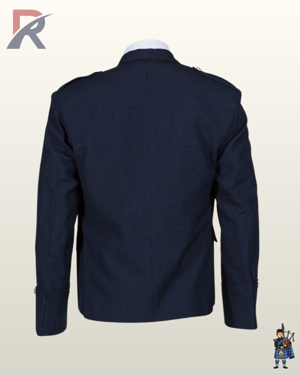 Rear view of a men's navy blue wool Argyle kilt jacket showing shoulder epaulets and a structured back panel.