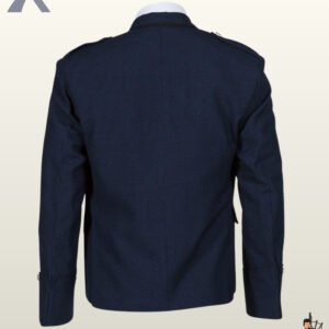 Rear view of a men's navy blue wool Argyle kilt jacket showing shoulder epaulets and a structured back panel.