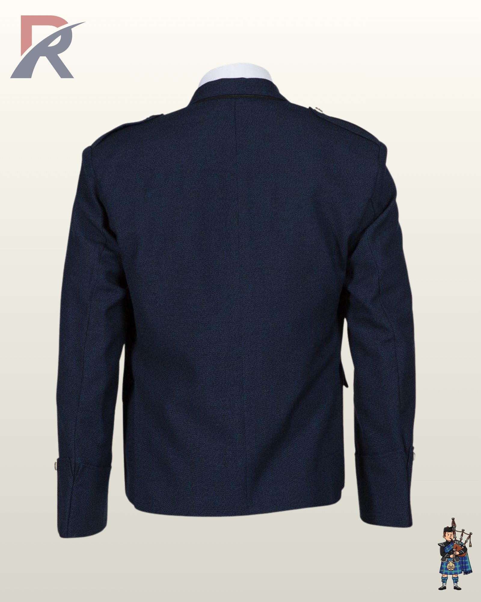 Rear view of a men's navy blue wool Argyle kilt jacket showing shoulder epaulets and a structured back panel.