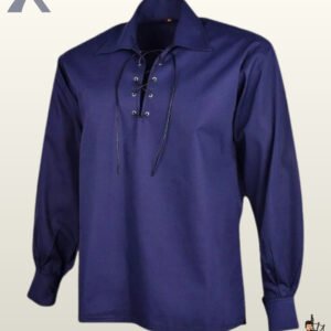 Front view of a men's dark navy blue Jacobite ghillie shirt styled with a black leather laced front opening.