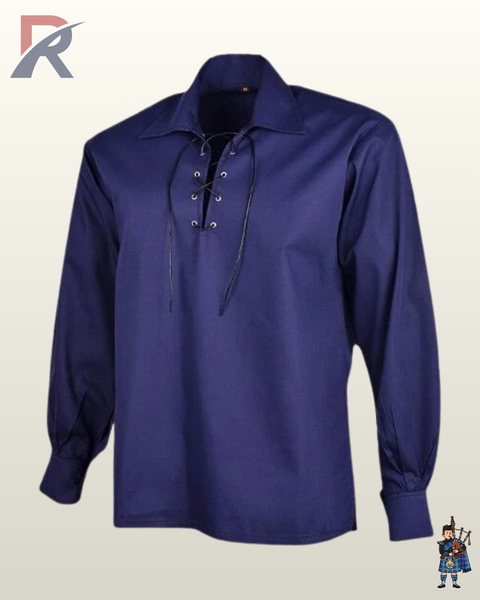 Front view of a men's dark navy blue Jacobite ghillie shirt styled with a black leather laced front opening.