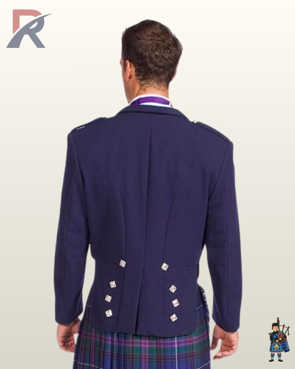 Rear view of a men's navy blue wool Prince Charlie kilt jacket showing braided shoulder epaulets and square silver buttons on scalloped skirts.
