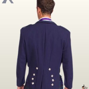 Rear view of a men's navy blue wool Prince Charlie kilt jacket showing braided shoulder epaulets and square silver buttons on scalloped skirts.