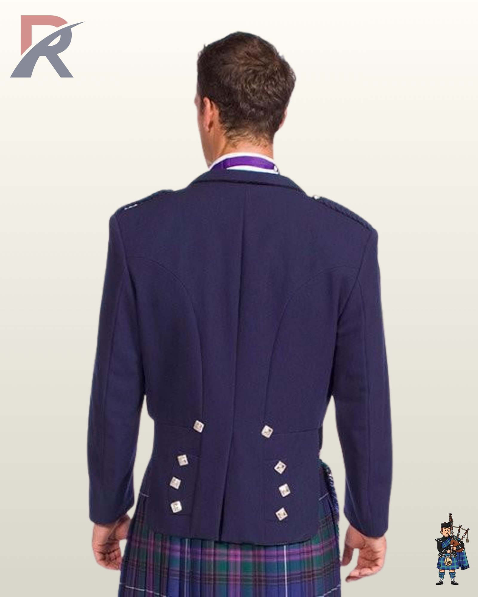 Rear view of a men's navy blue wool Prince Charlie kilt jacket showing braided shoulder epaulets and square silver buttons on scalloped skirts.