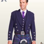 Medium close-up shot of a men's navy blue Prince Charlie kilt jacket and matching waistcoat highlighting square silver buttons and a purple tie.